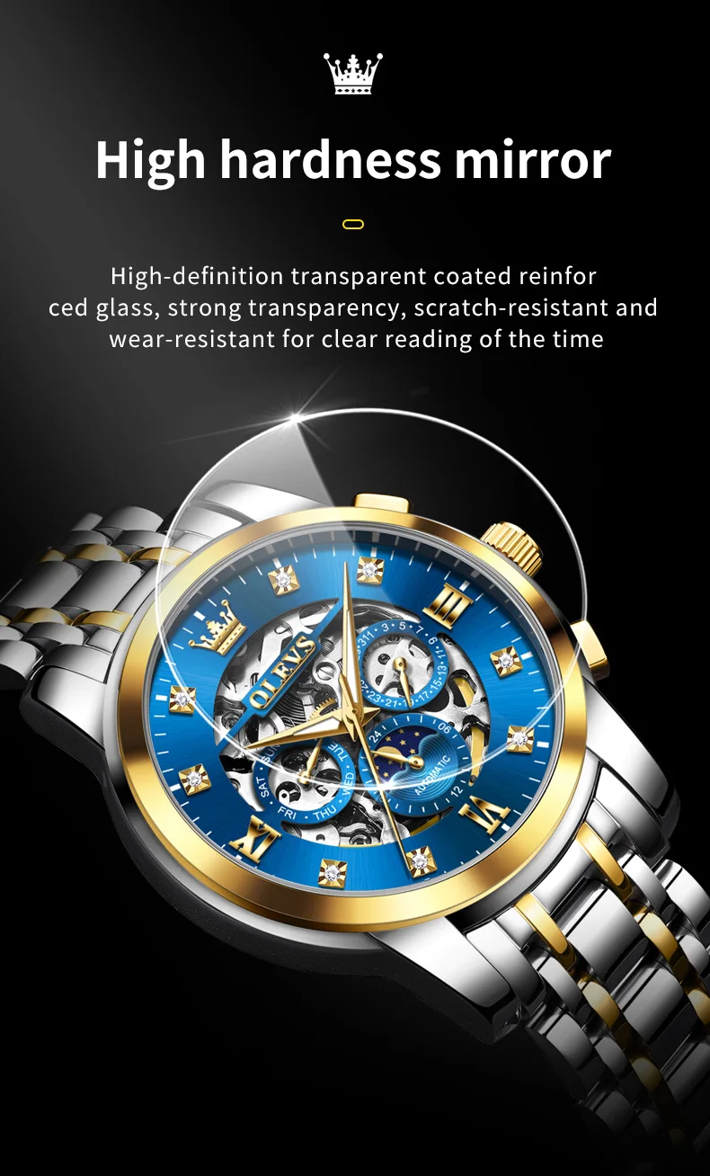 OLEVS For OLEVS 6721 Hollow Skeleton Diamond Moon Phase Mechanical Watch Waterproof Automatic Fashion Stainless Steel 20mm 7