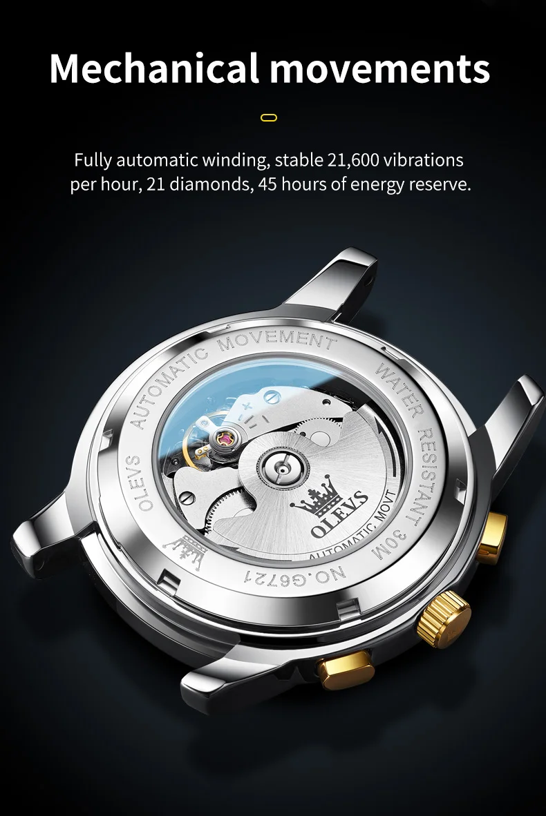 OLEVS For OLEVS 6721 Hollow Skeleton Diamond Moon Phase Mechanical Watch Waterproof Automatic Fashion Stainless Steel 20mm 8