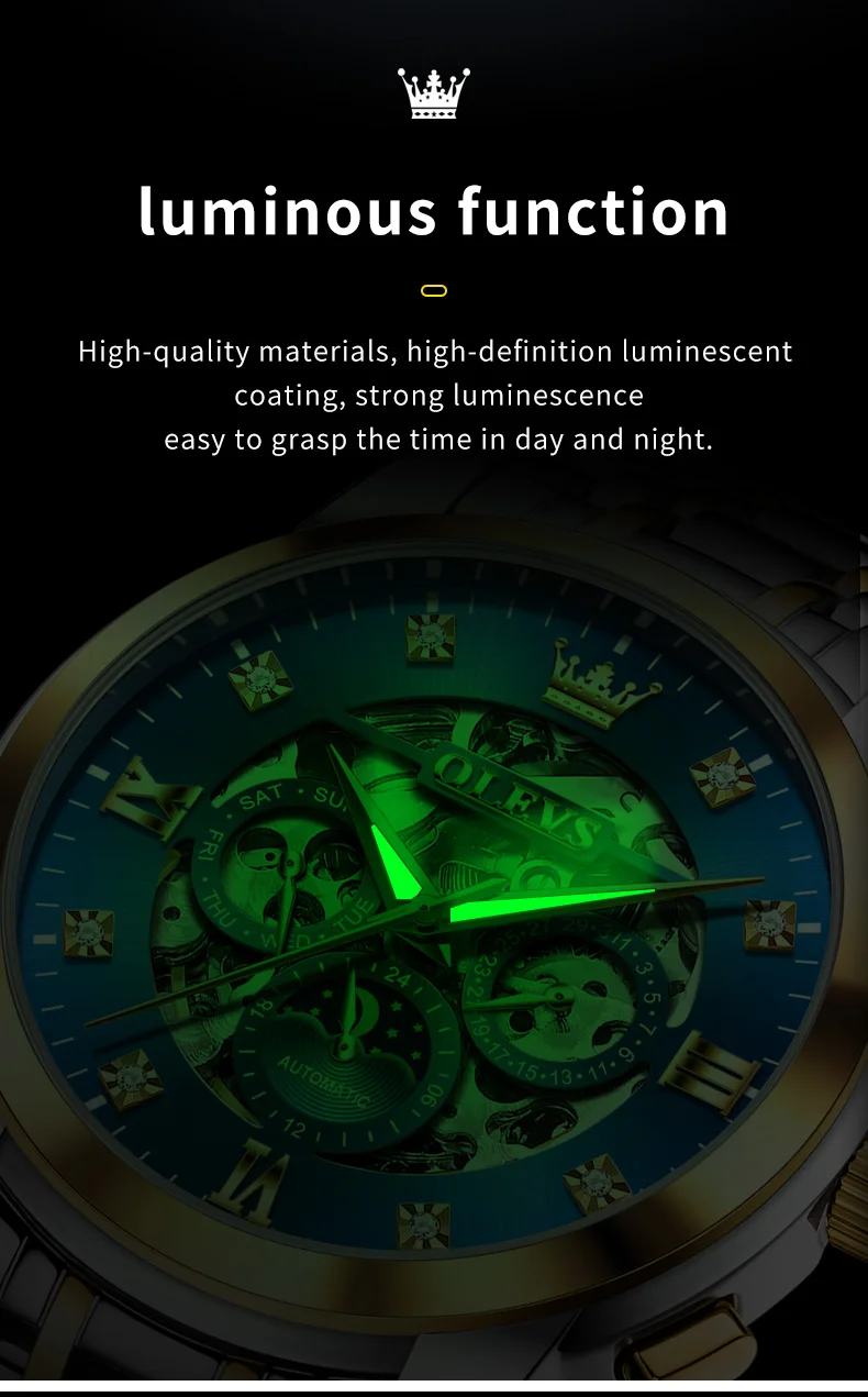 OLEVS For OLEVS 6721 Hollow Skeleton Diamond Moon Phase Mechanical Watch Waterproof Automatic Fashion Stainless Steel 20mm 9