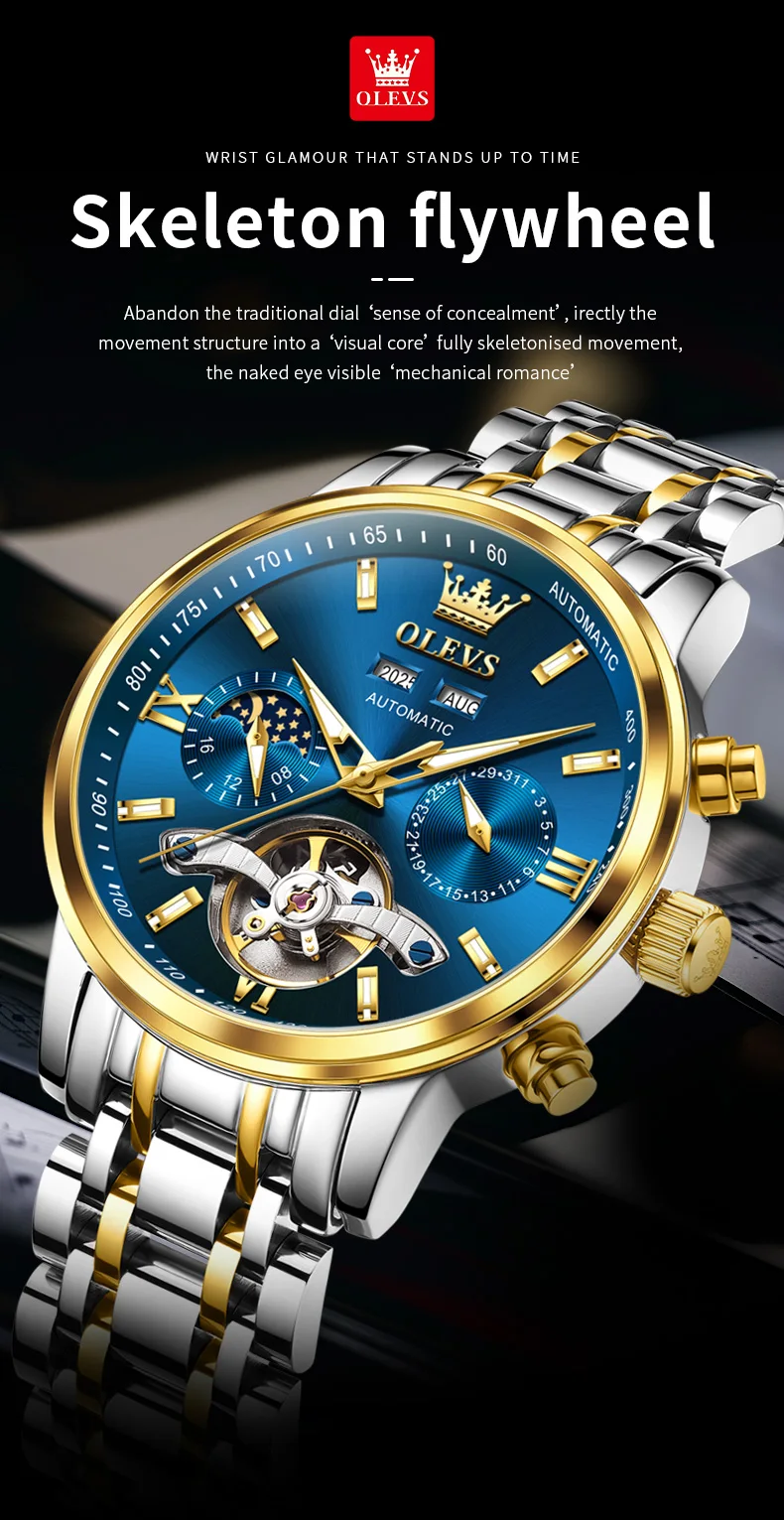 OLEVS 6740 Luxury Hot Moon Phase Bands Waterproof Stainless Steel Hollow Design Automatic Luminous Man Mechanical Watch 1