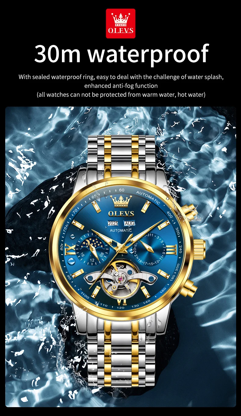 OLEVS 6740 Luxury Hot Moon Phase Bands Waterproof Stainless Steel Hollow Design Automatic Luminous Man Mechanical Watch 10