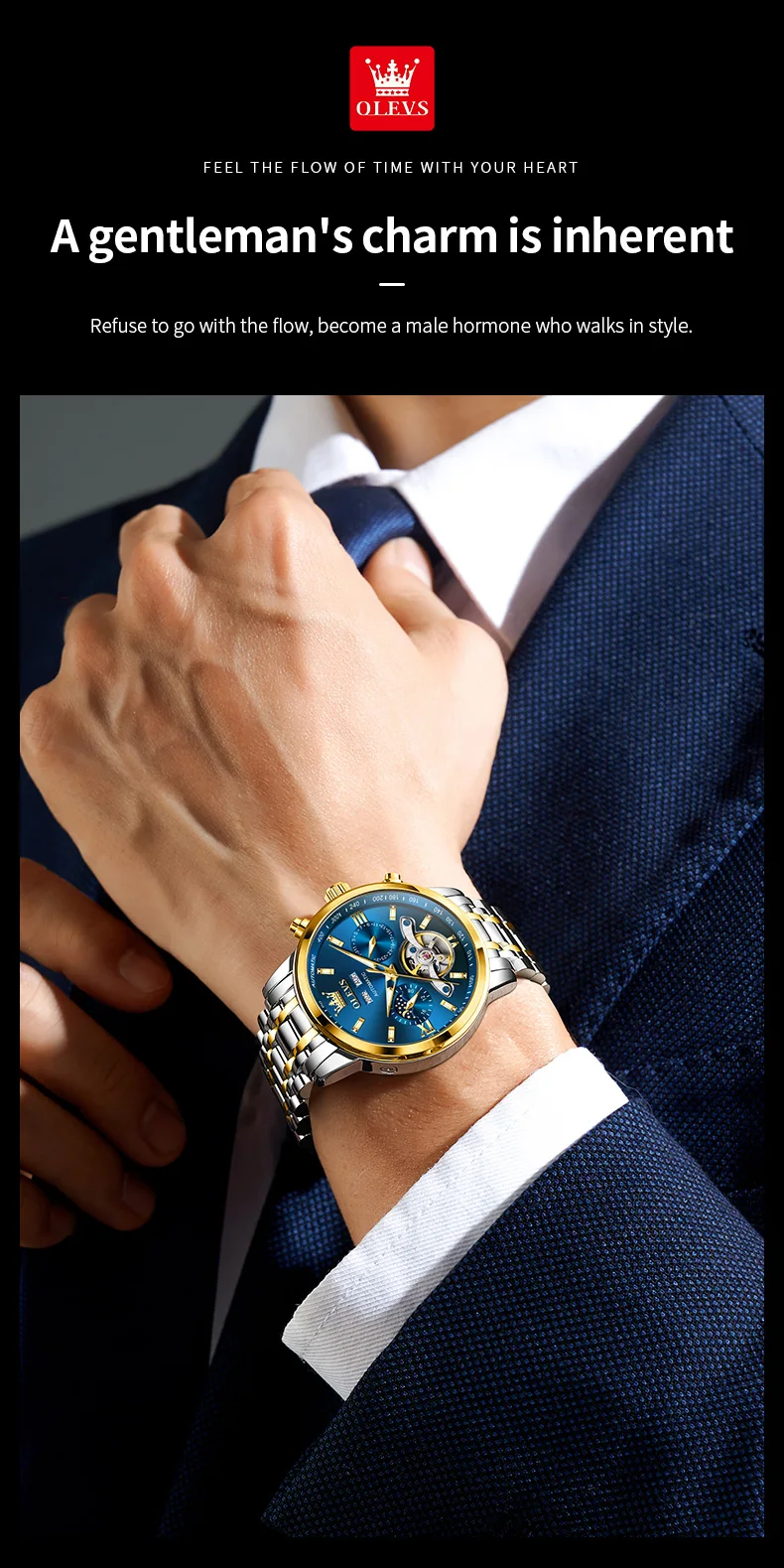 OLEVS 6740 Luxury Hot Moon Phase Bands Waterproof Stainless Steel Hollow Design Automatic Luminous Man Mechanical Watch 2