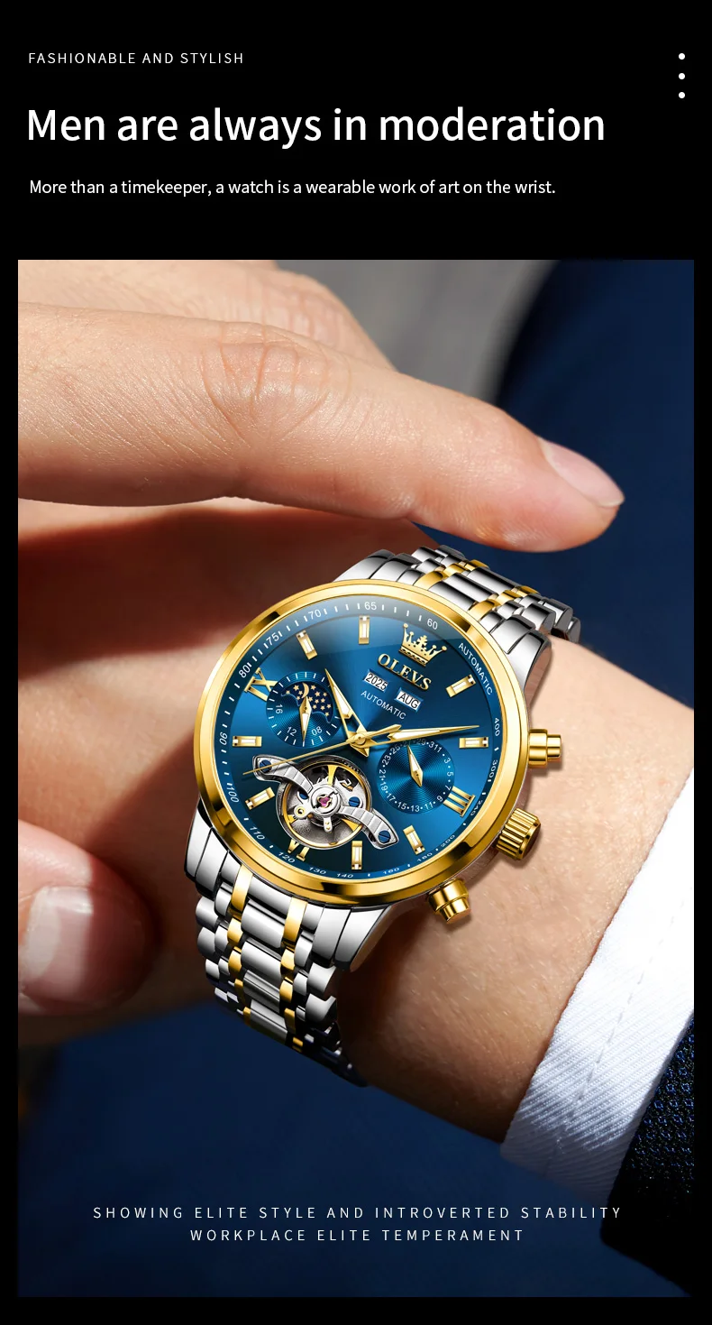 OLEVS 6740 Luxury Hot Moon Phase Bands Waterproof Stainless Steel Hollow Design Automatic Luminous Man Mechanical Watch 3