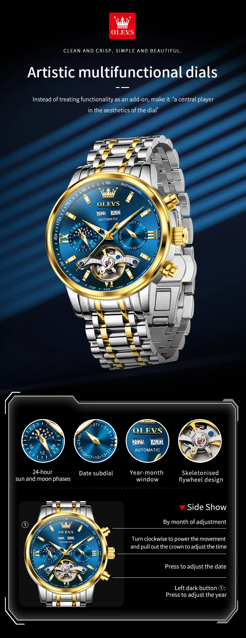 OLEVS 6740 Luxury Hot Moon Phase Bands Waterproof Stainless Steel Hollow Design Automatic Luminous Man Mechanical Watch 4