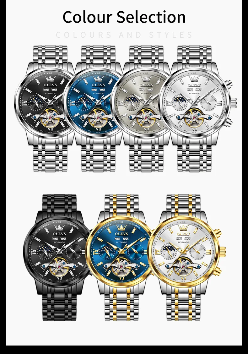OLEVS 6740 Luxury Hot Moon Phase Bands Waterproof Stainless Steel Hollow Design Automatic Luminous Man Mechanical Watch 6