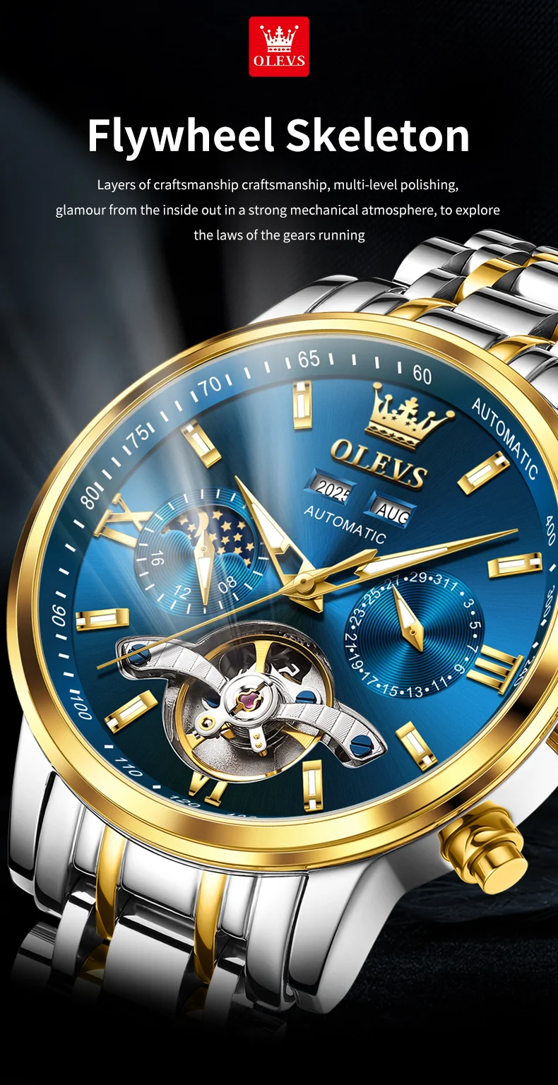 OLEVS 6740 Luxury Hot Moon Phase Bands Waterproof Stainless Steel Hollow Design Automatic Luminous Man Mechanical Watch 7