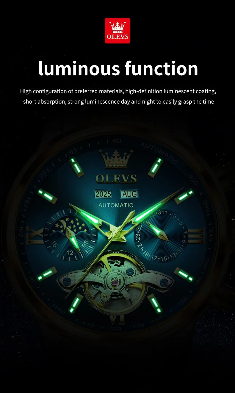 OLEVS 6740 Luxury Hot Moon Phase Bands Waterproof Stainless Steel Hollow Design Automatic Luminous Man Mechanical Watch 9