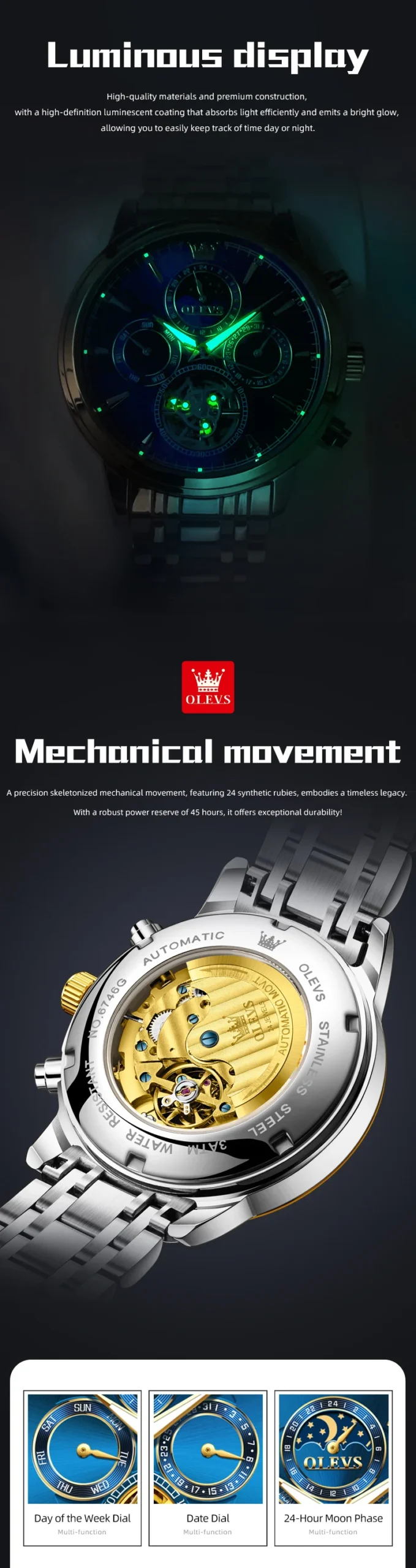 OLEVS 6746 Luxury Designer Fashion Automatic Moon Phase Watch Waterproof Mechanical Luminous Watch for Man 3