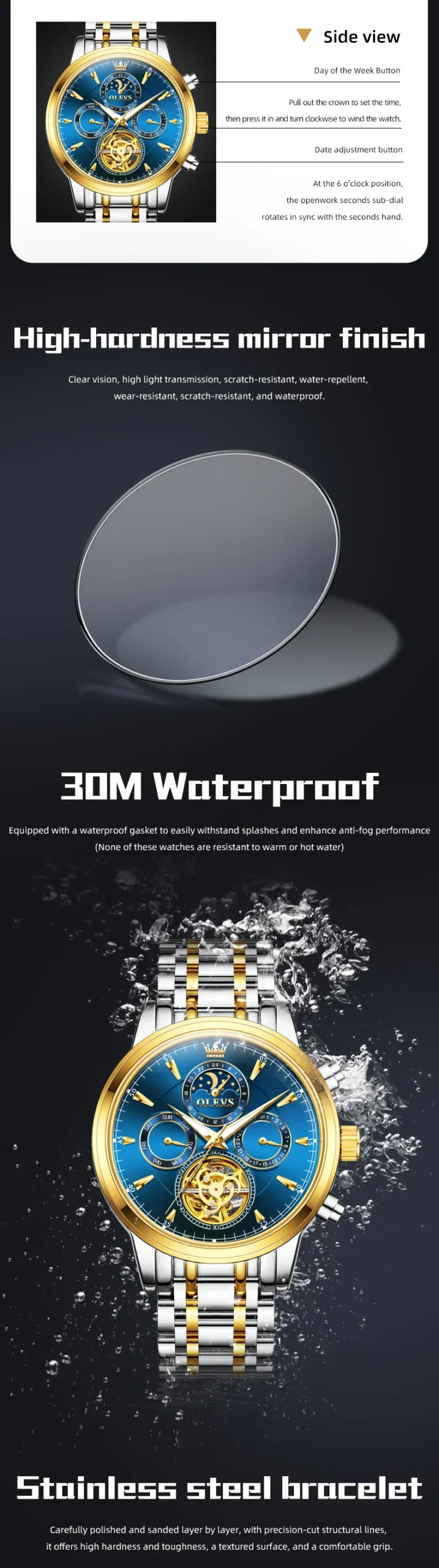 OLEVS 6746 Luxury Designer Fashion Automatic Moon Phase Watch Waterproof Mechanical Luminous Watch for Man 4