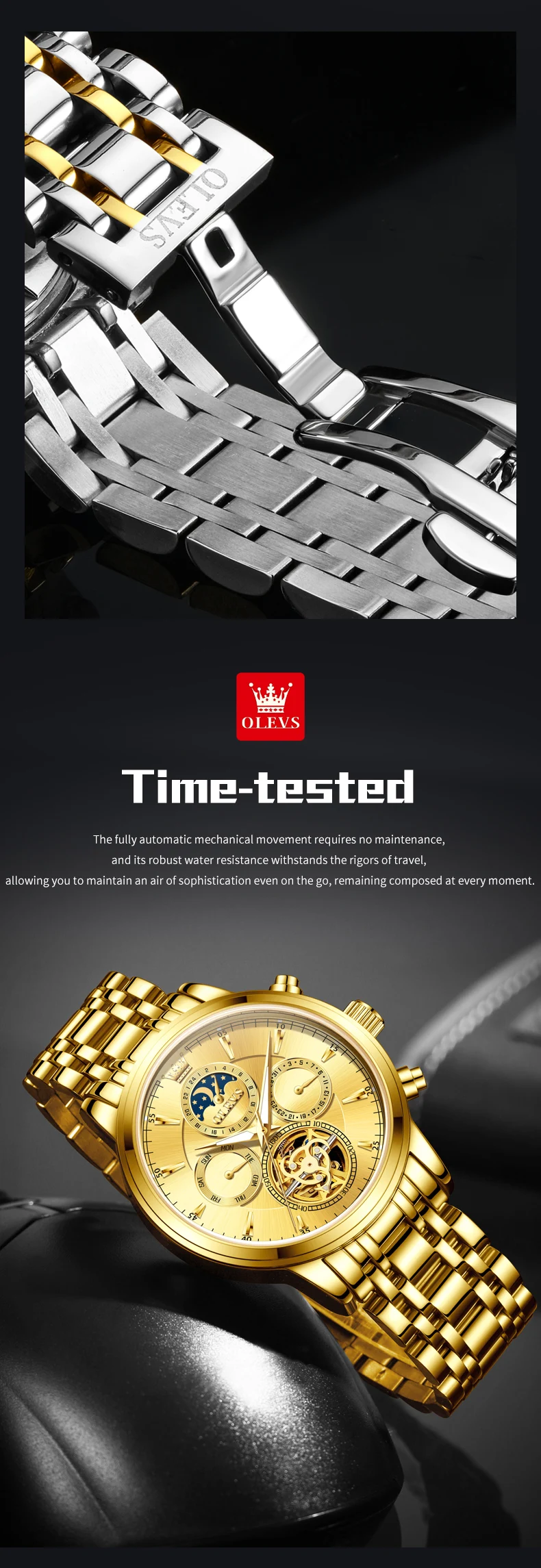 OLEVS 6746 Luxury Designer Fashion Automatic Moon Phase Watch Waterproof Mechanical Luminous Watch for Man 5
