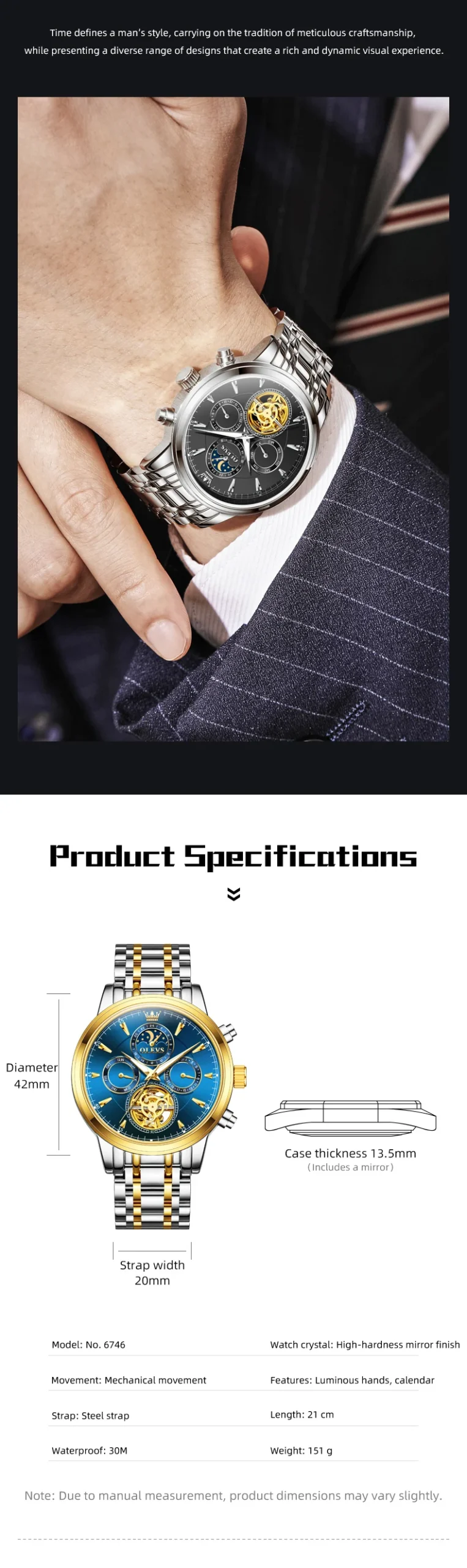 OLEVS 6746 Luxury Designer Fashion Automatic Moon Phase Watch Waterproof Mechanical Luminous Watch for Man 6
