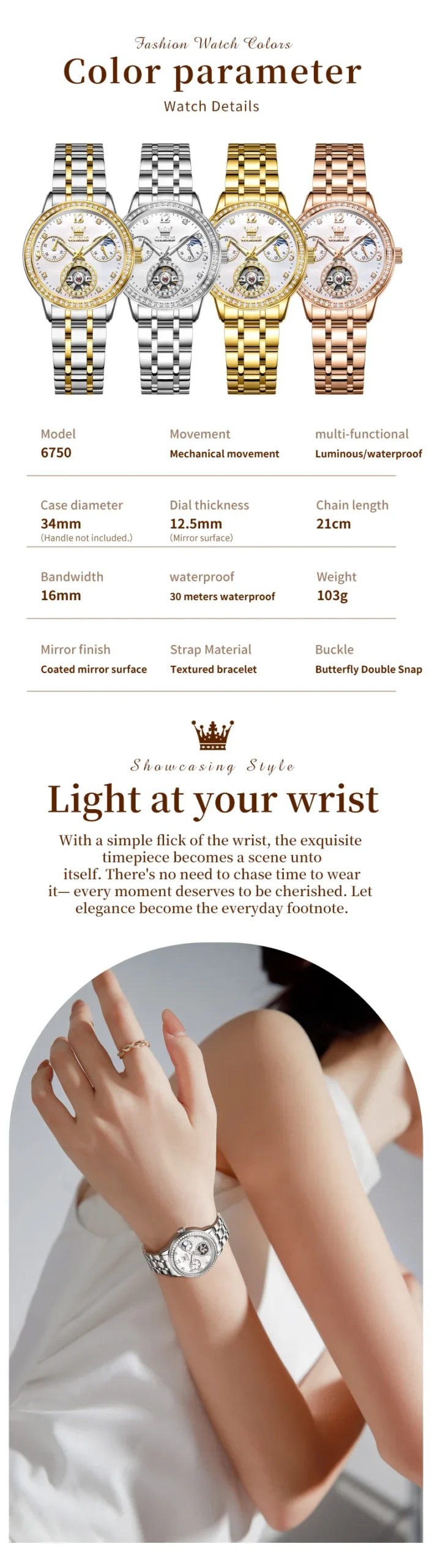 OLEVS 6750 Reloj Bands Stainless Steel Luxury Automatic Moon Phase Lady Watch Mechanical Watch for Woman 1