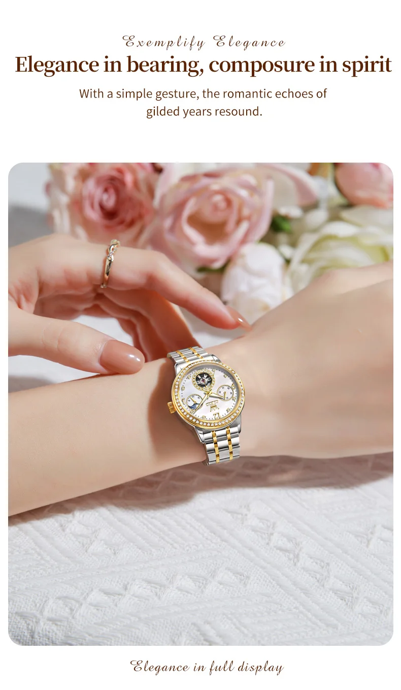 OLEVS 6750 Reloj Bands Stainless Steel Luxury Automatic Moon Phase Lady Watch Mechanical Watch for Woman 2