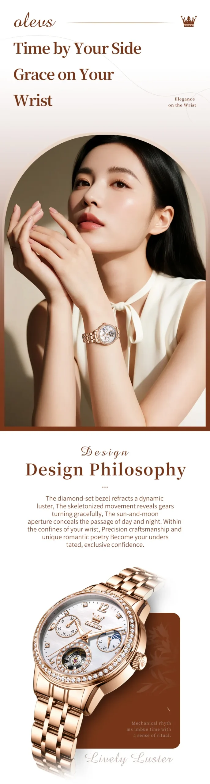 OLEVS 6750 Reloj Bands Stainless Steel Luxury Automatic Moon Phase Lady Watch Mechanical Watch for Woman 3