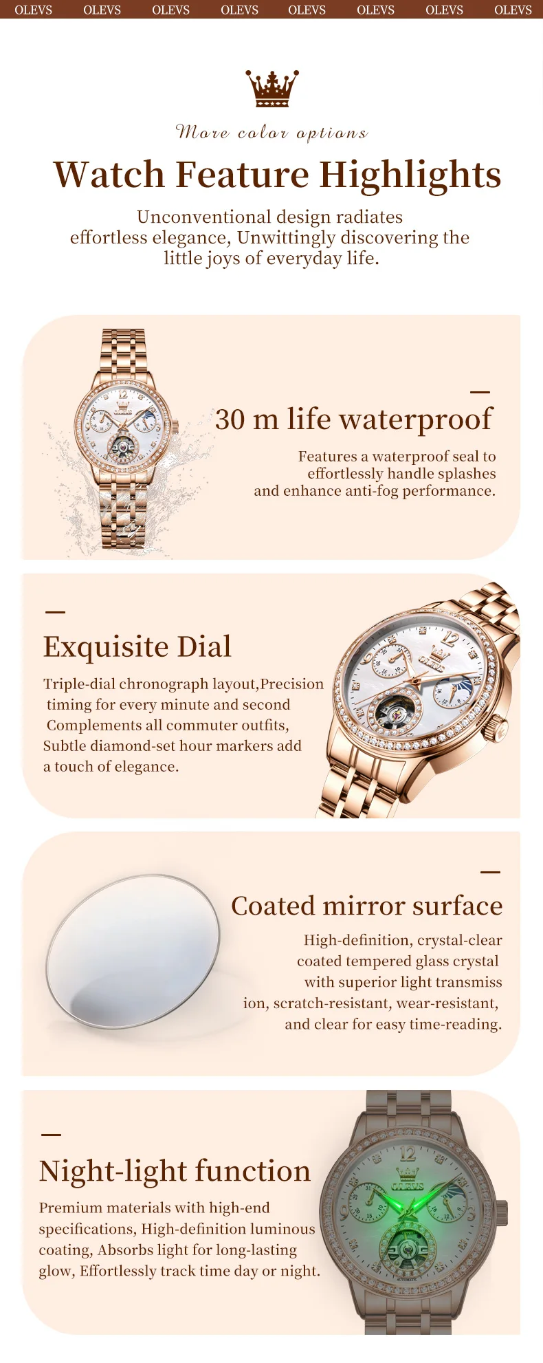 OLEVS 6750 Reloj Bands Stainless Steel Luxury Automatic Moon Phase Lady Watch Mechanical Watch for Woman 6