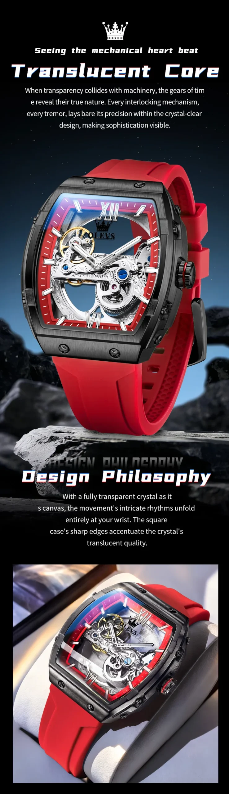 OLEVS 6779 Fashion Rubber Brand Waterproof Hollow Skeleton Luminous Automatic Mechanical Watch for Man 1