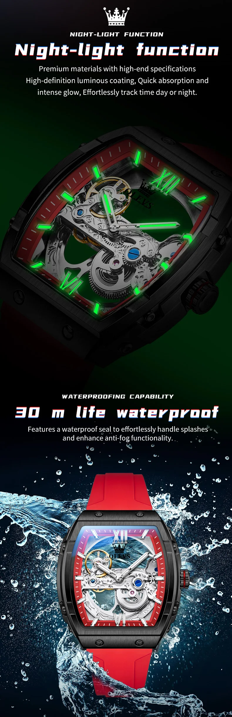 OLEVS 6779 Fashion Rubber Brand Waterproof Hollow Skeleton Luminous Automatic Mechanical Watch for Man 5
