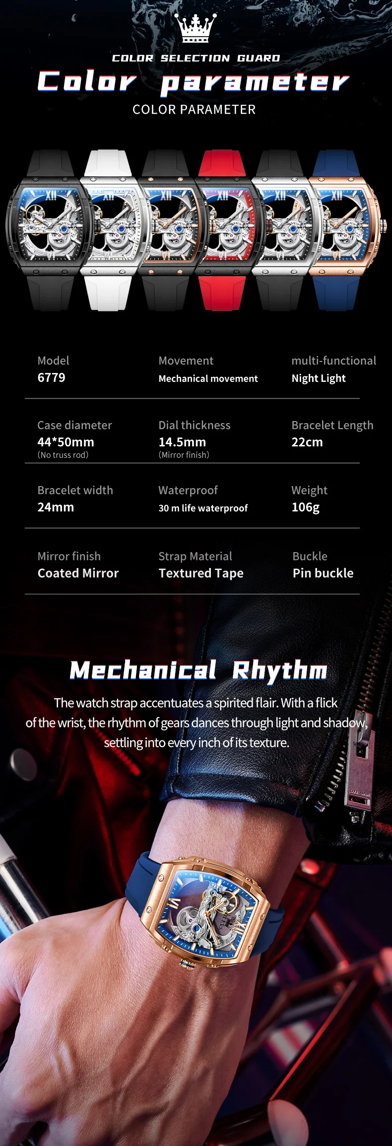 OLEVS 6779 Fashion Rubber Brand Waterproof Hollow Skeleton Luminous Automatic Mechanical Watch for Man 6