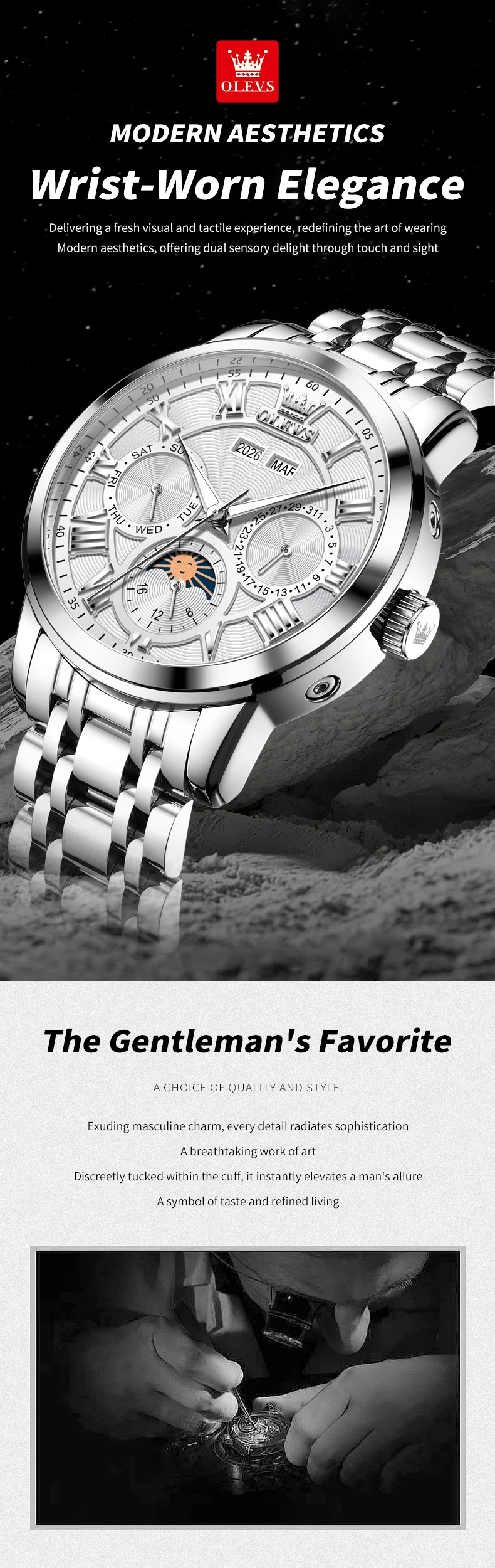 OLEVS 6785 Luminous Waterproof Luxury Watches Moon Phase Stainless Steel Automatic Mechanical Watch for Man 1