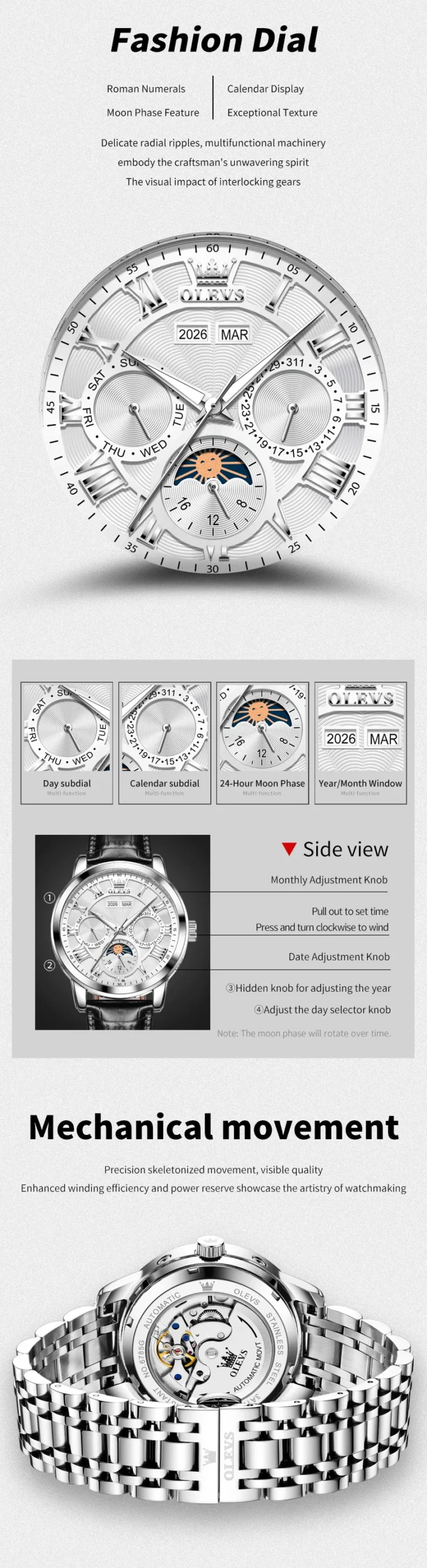 OLEVS 6785 Luminous Waterproof Luxury Watches Moon Phase Stainless Steel Automatic Mechanical Watch for Man 3