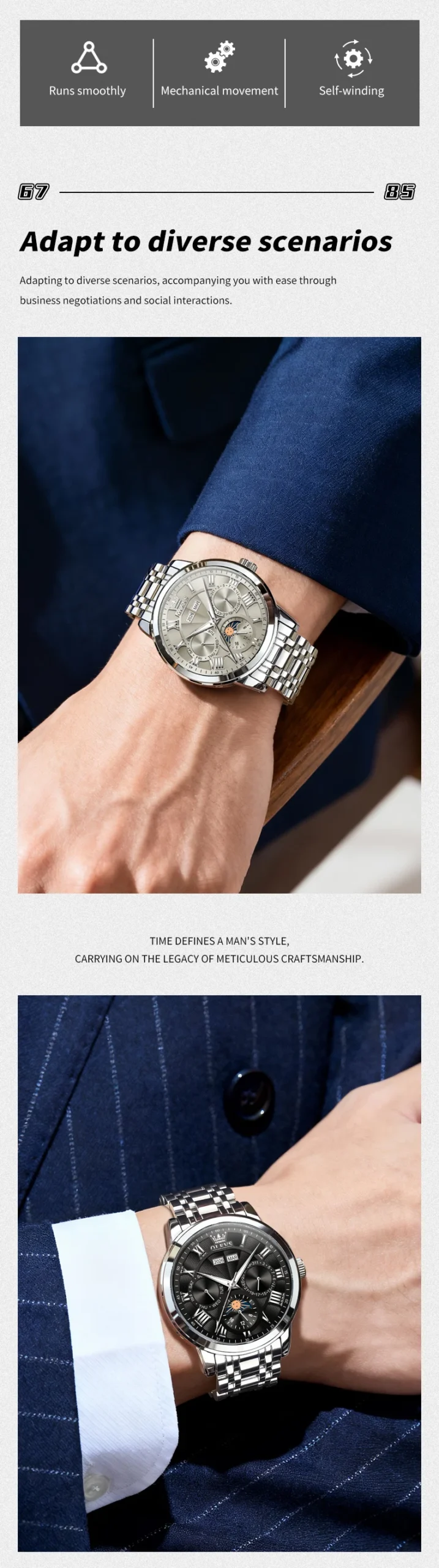 OLEVS 6785 Luminous Waterproof Luxury Watches Moon Phase Stainless Steel Automatic Mechanical Watch for Man 4