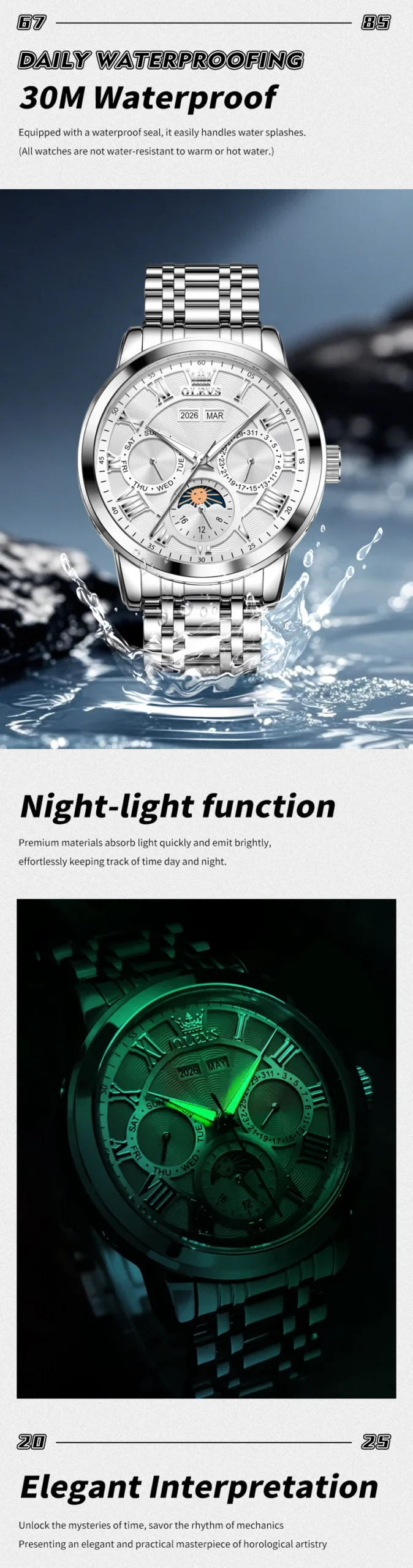 OLEVS 6785 Luminous Waterproof Luxury Watches Moon Phase Stainless Steel Automatic Mechanical Watch for Man 5