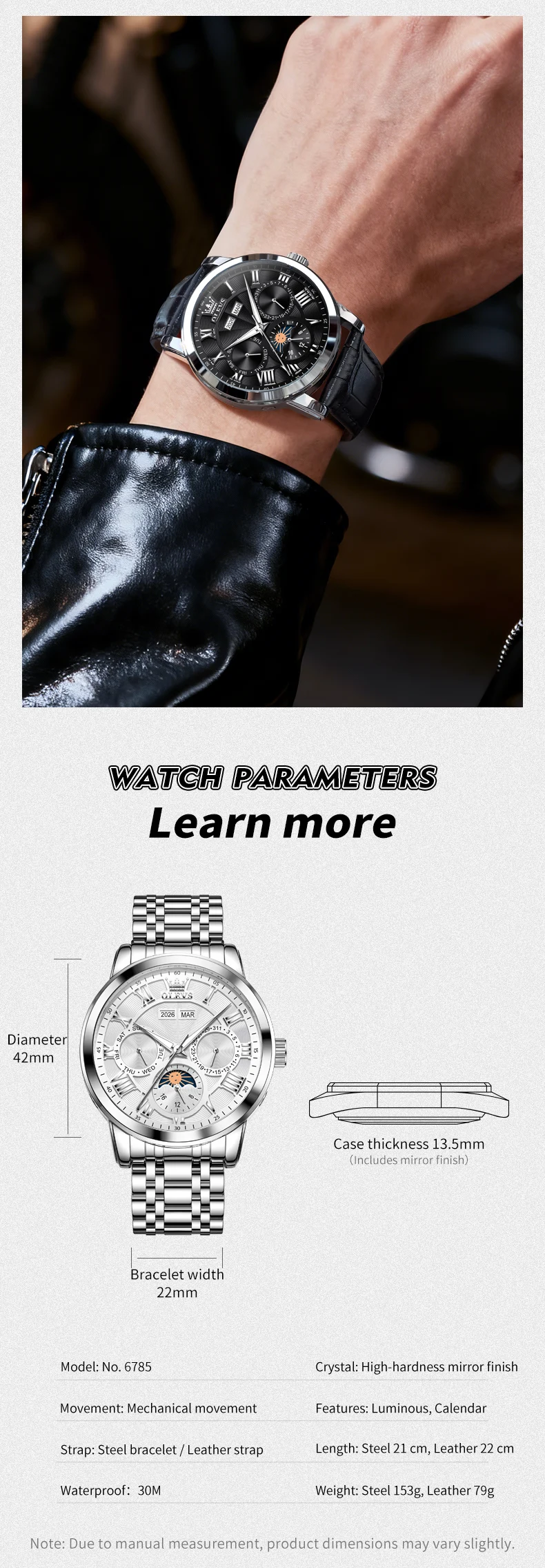 OLEVS 6785 Luminous Waterproof Luxury Watches Moon Phase Stainless Steel Automatic Mechanical Watch for Man 8