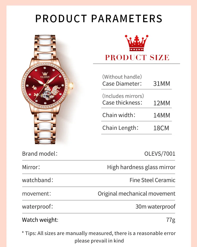 OLEVS 7001 Good Quality Luxury Wrist Watch Women Stainless Steel Waterproof Automatic Mechanical Woman Watches 11