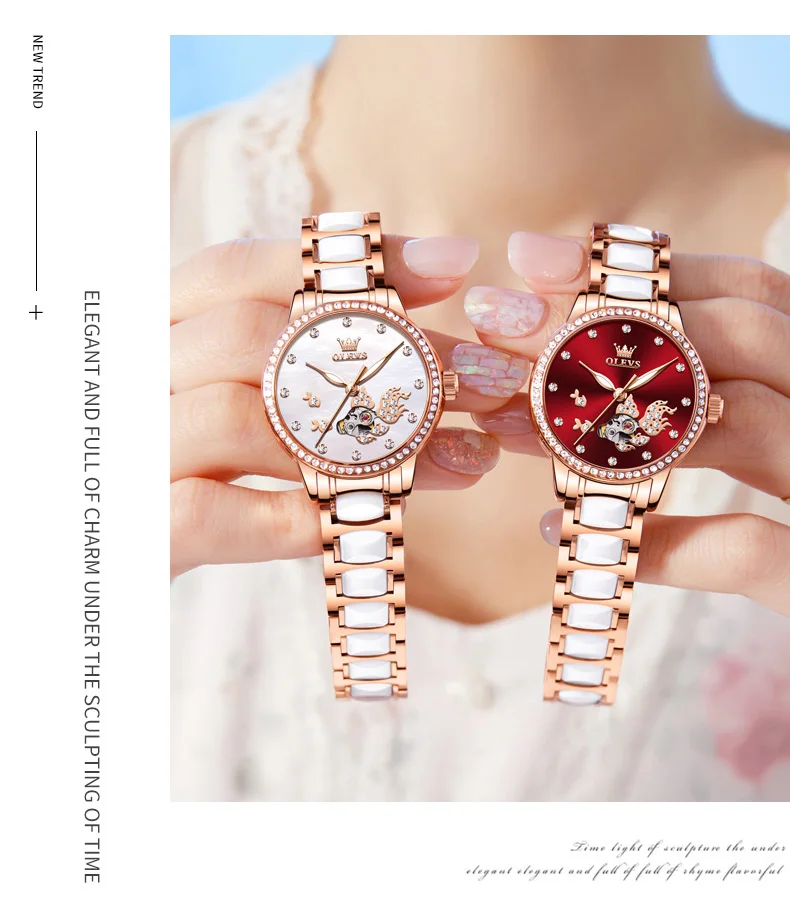 OLEVS 7001 Good Quality Luxury Wrist Watch Women Stainless Steel Waterproof Automatic Mechanical Woman Watches 17
