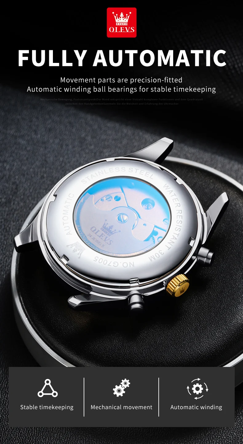 OLEVS 7005 Stainless Steel Hot Selling Styles Customized Luminous Watch Automatic Mechanical Watch for Man 7