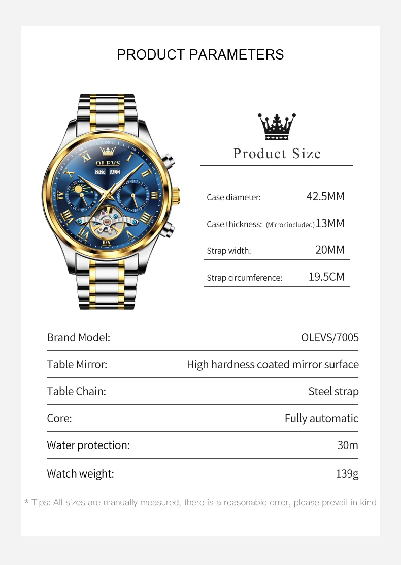OLEVS 7005 Stainless Steel Hot Selling Styles Customized Luminous Watch Automatic Mechanical Watch for Man 8