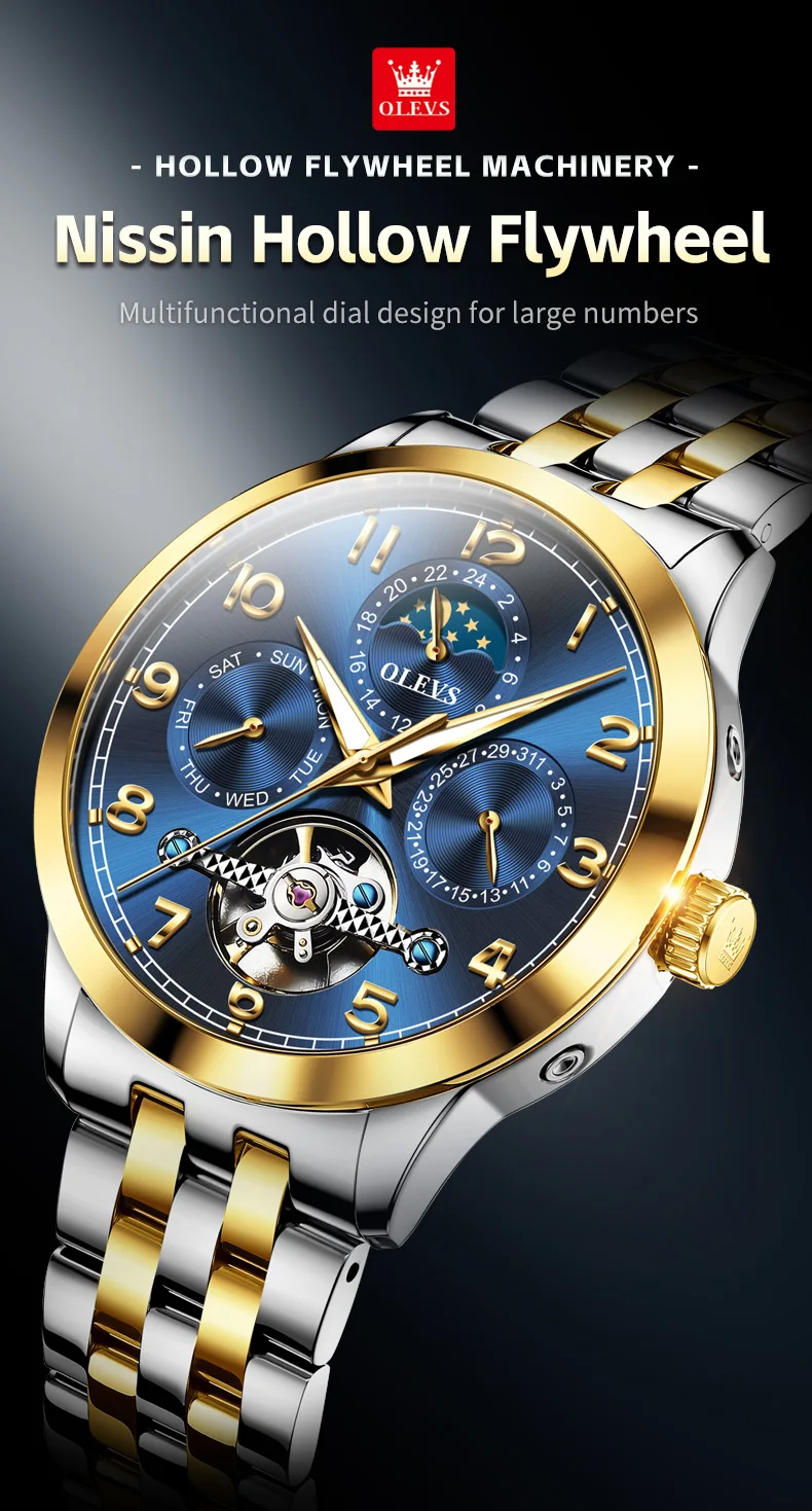 OLEVS 7018 Customized Fashion Moon Phase Stainless Steel Multifunctional Waterproof Automatic Mechanical Watch for Man 1