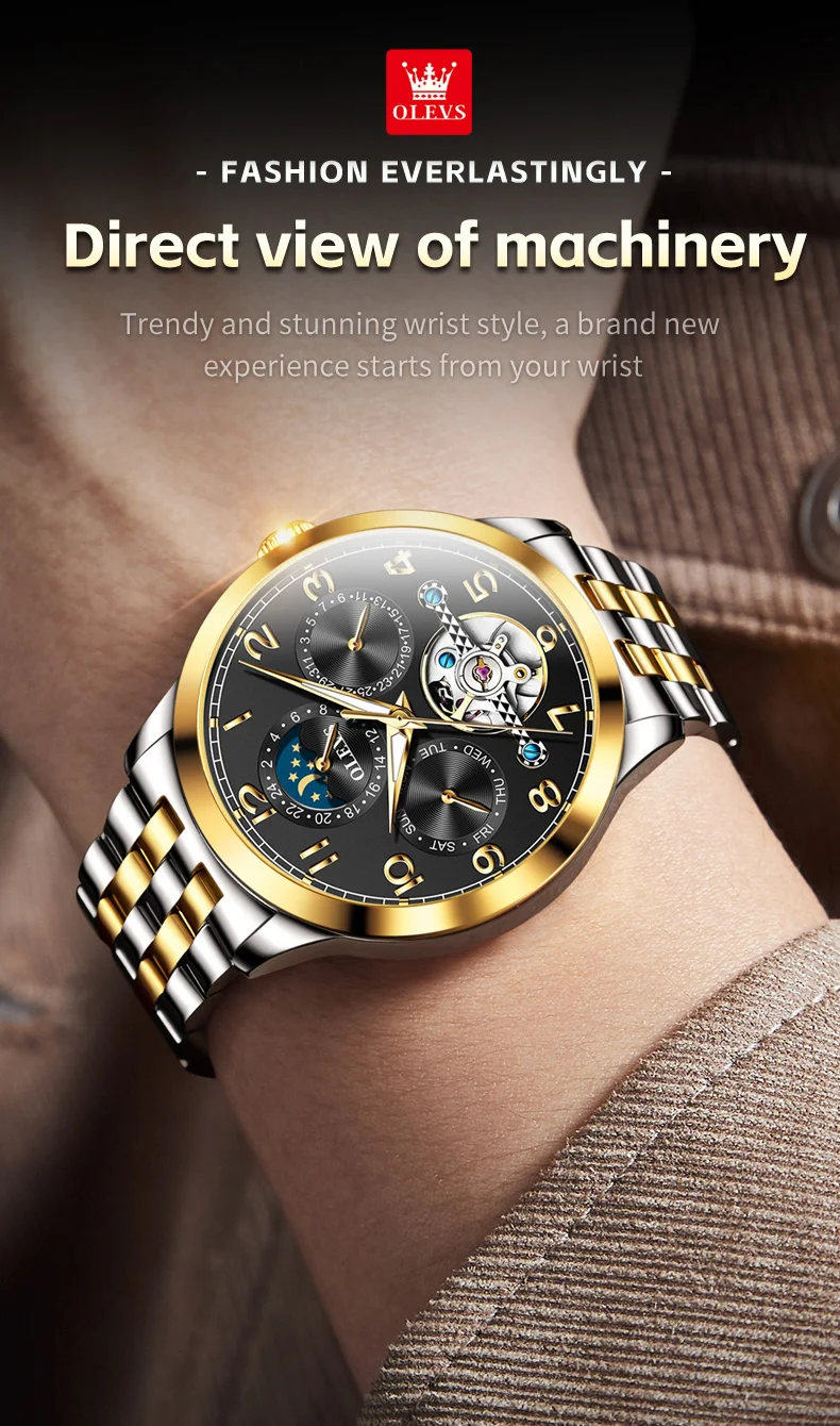 OLEVS 7018 Customized Fashion Moon Phase Stainless Steel Multifunctional Waterproof Automatic Mechanical Watch for Man 10