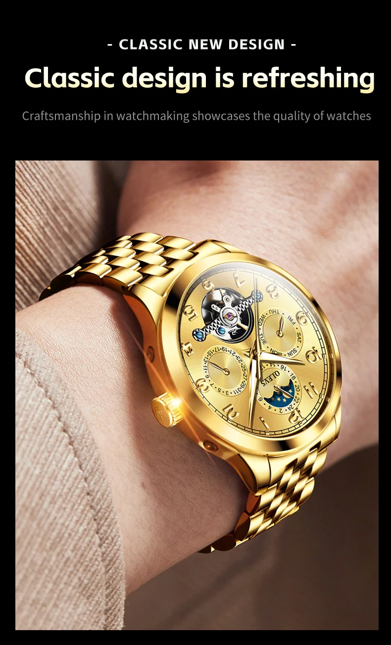 OLEVS 7018 Customized Fashion Moon Phase Stainless Steel Multifunctional Waterproof Automatic Mechanical Watch for Man 11