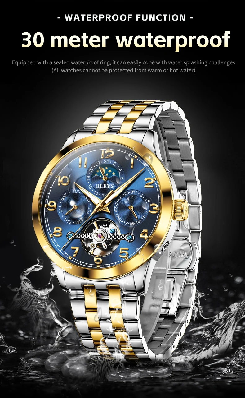 OLEVS 7018 Customized Fashion Moon Phase Stainless Steel Multifunctional Waterproof Automatic Mechanical Watch for Man 14