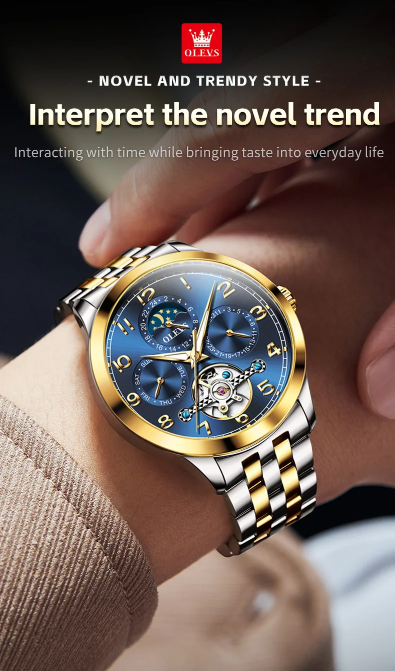 OLEVS 7018 Customized Fashion Moon Phase Stainless Steel Multifunctional Waterproof Automatic Mechanical Watch for Man 2