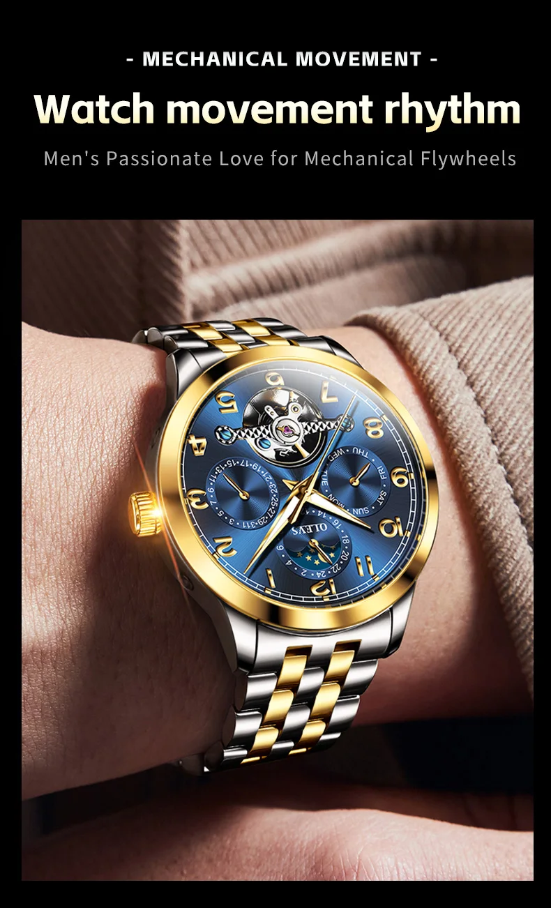 OLEVS 7018 Customized Fashion Moon Phase Stainless Steel Multifunctional Waterproof Automatic Mechanical Watch for Man 3