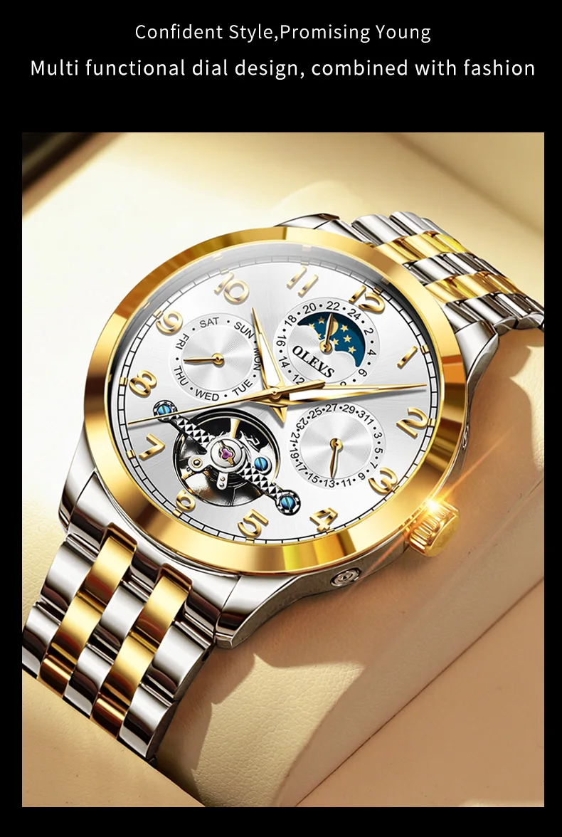 OLEVS 7018 Customized Fashion Moon Phase Stainless Steel Multifunctional Waterproof Automatic Mechanical Watch for Man 4