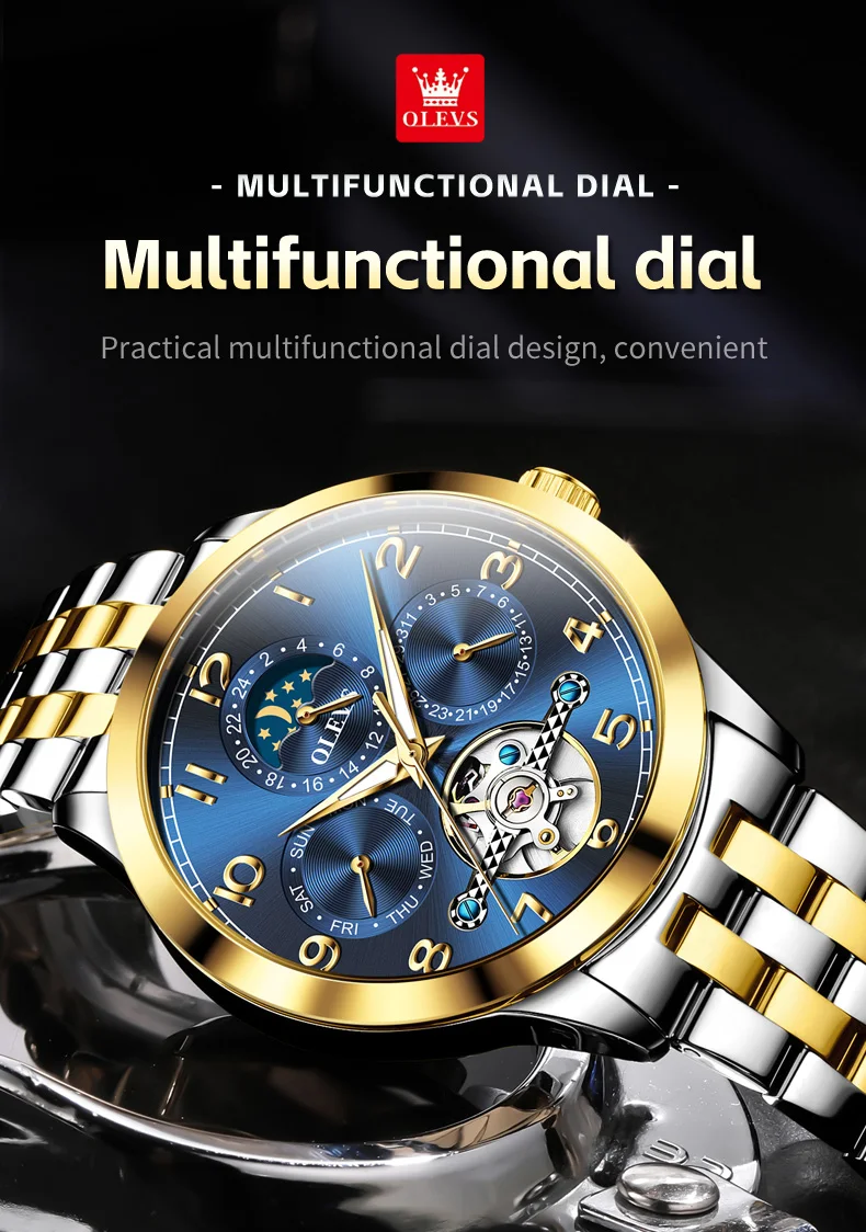 OLEVS 7018 Customized Fashion Moon Phase Stainless Steel Multifunctional Waterproof Automatic Mechanical Watch for Man 5