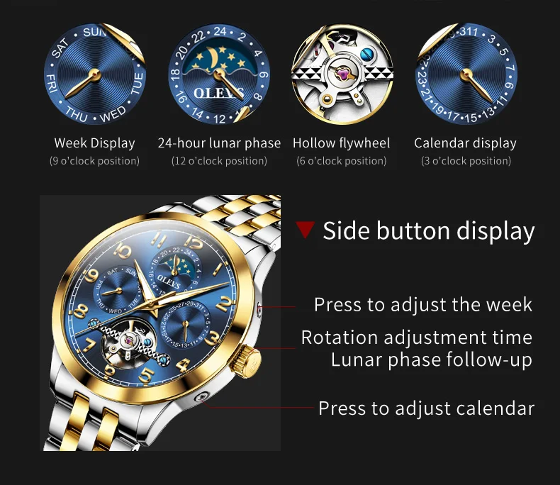 OLEVS 7018 Customized Fashion Moon Phase Stainless Steel Multifunctional Waterproof Automatic Mechanical Watch for Man 6