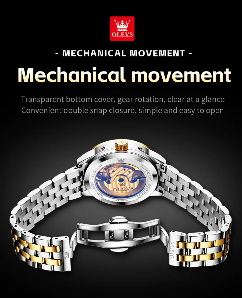 OLEVS 7018 Customized Fashion Moon Phase Stainless Steel Multifunctional Waterproof Automatic Mechanical Watch for Man 7