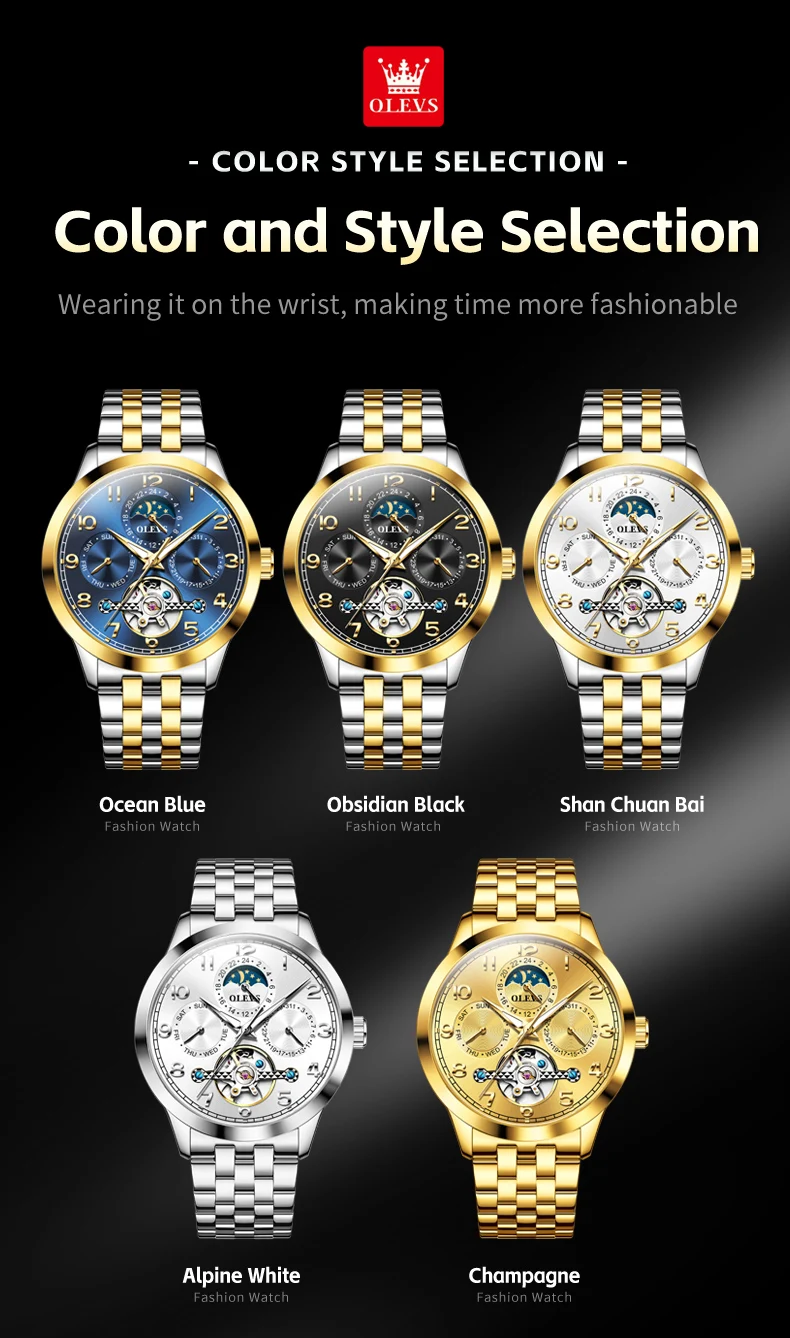 OLEVS 7018 Customized Fashion Moon Phase Stainless Steel Multifunctional Waterproof Automatic Mechanical Watch for Man 8