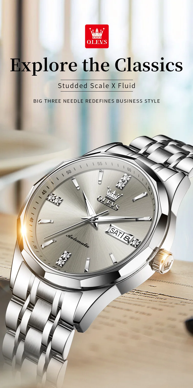 OLEVS 7056 Classic Business Design Automatic Classic Automatic Calendar Diamond Luminous Man Mechanical Watch 1