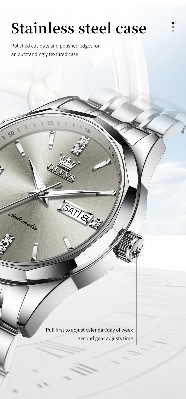 OLEVS 7056 Classic Business Design Automatic Classic Automatic Calendar Diamond Luminous Man Mechanical Watch 4