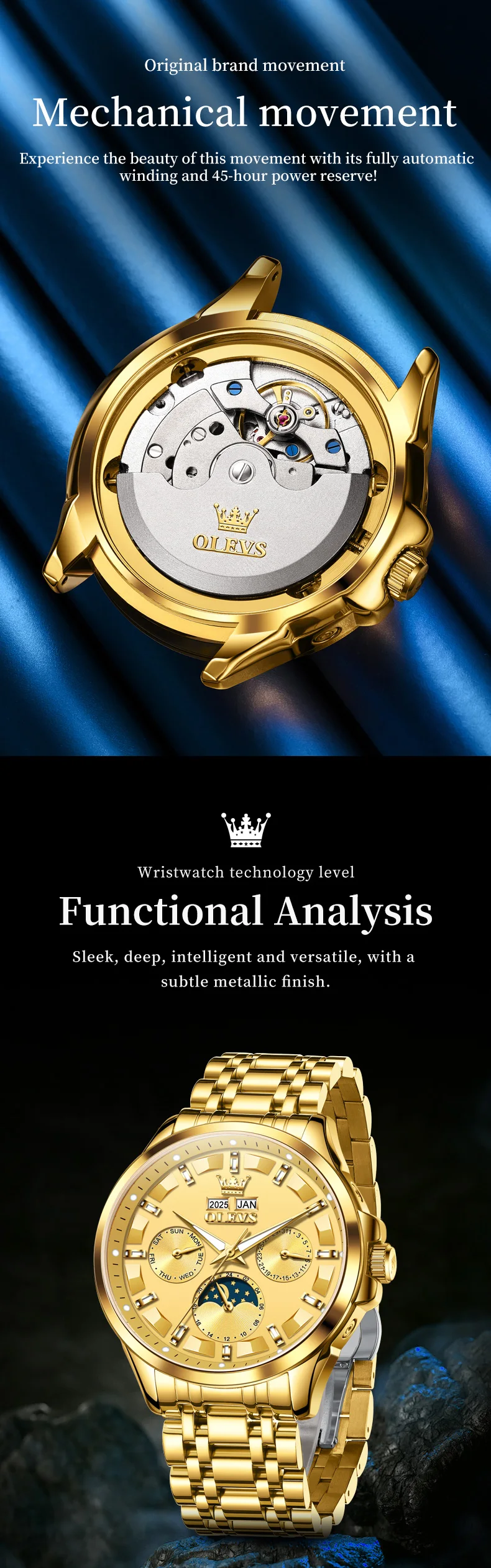 OLEVS For OLEVS 7070 Luxury Automatic Mechanical Sports Watch Multifunctional Diamond Moon Phase Stainless Steel 3