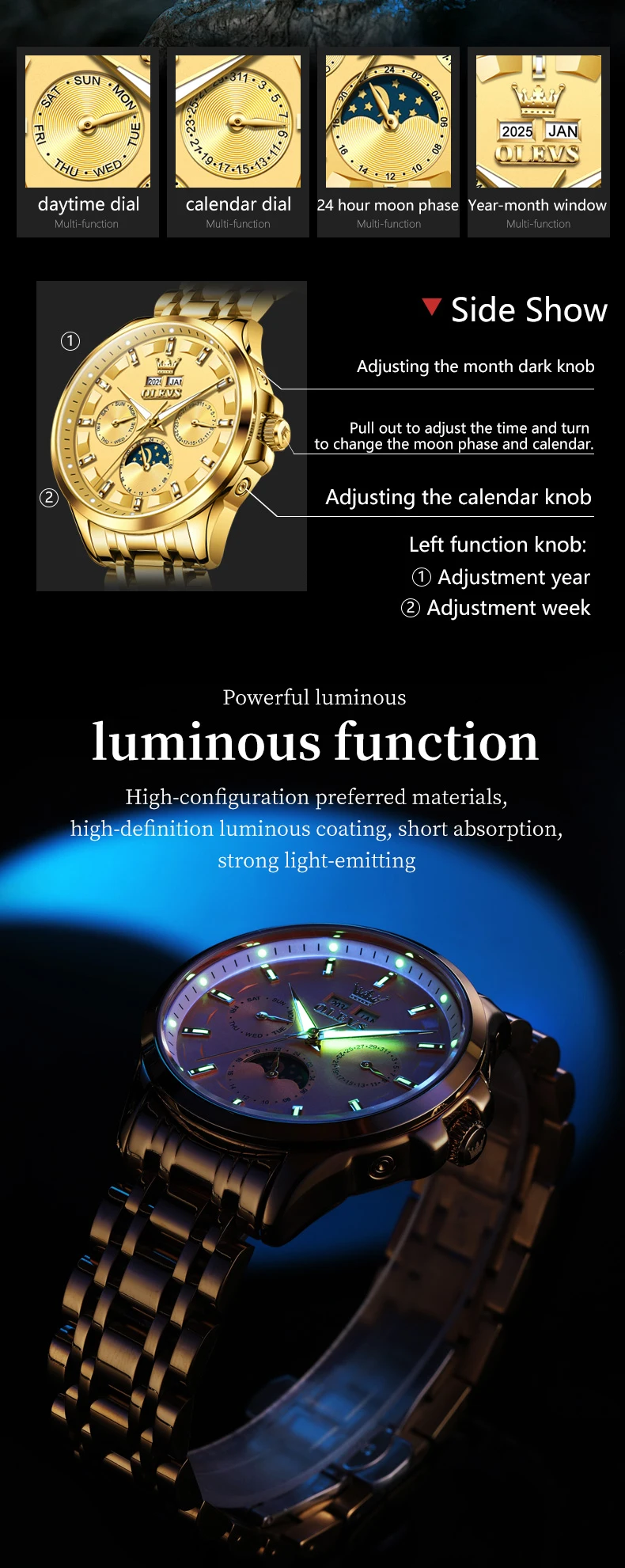OLEVS For OLEVS 7070 Luxury Automatic Mechanical Sports Watch Multifunctional Diamond Moon Phase Stainless Steel 4