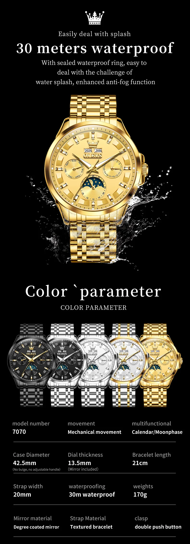 OLEVS For OLEVS 7070 Luxury Automatic Mechanical Sports Watch Multifunctional Diamond Moon Phase Stainless Steel 6