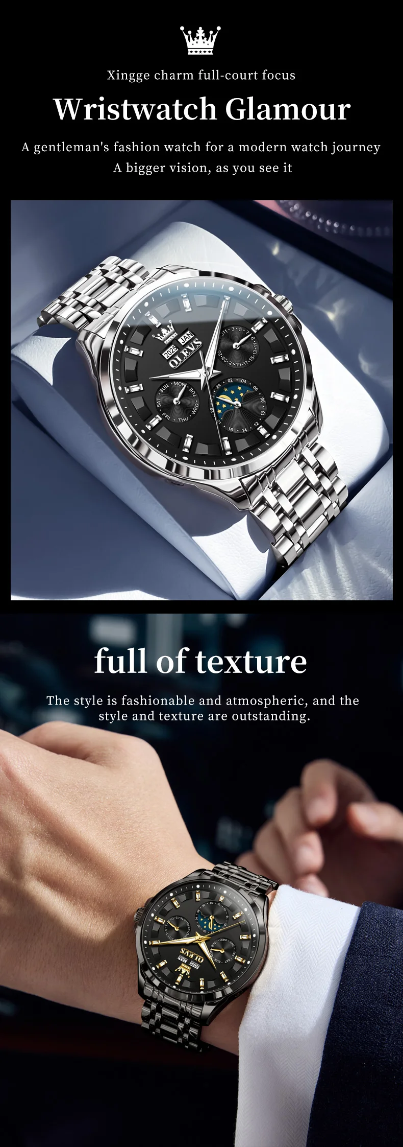 OLEVS For OLEVS 7070 Luxury Automatic Mechanical Sports Watch Multifunctional Diamond Moon Phase Stainless Steel 7
