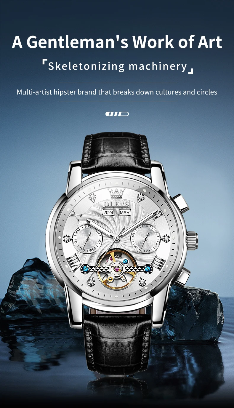 OLEVS 7088 Watch Luxury Sports Bands Leather Strap Calendar Automatic Sports Luminous Mechanical Watch for Man 1