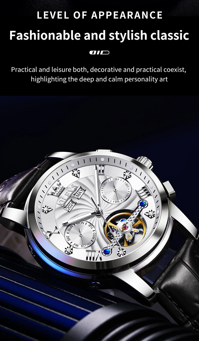 OLEVS 7088 Watch Luxury Sports Bands Leather Strap Calendar Automatic Sports Luminous Mechanical Watch for Man 5